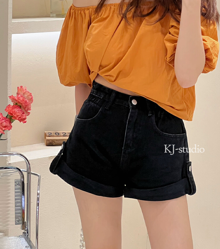 New in early summer! [kJ] high waist slim wide leg cuffed denim shorts 2867# zxl