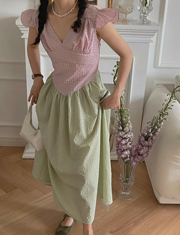 [wgwe] Korean lady style V-neck stitched small flying sleeve dress 1655# PCZ