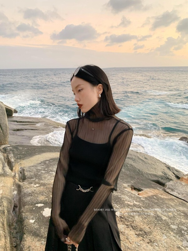 [DT class] stand neck pleated mesh ins bottoming shirt d4628-a3# jhy