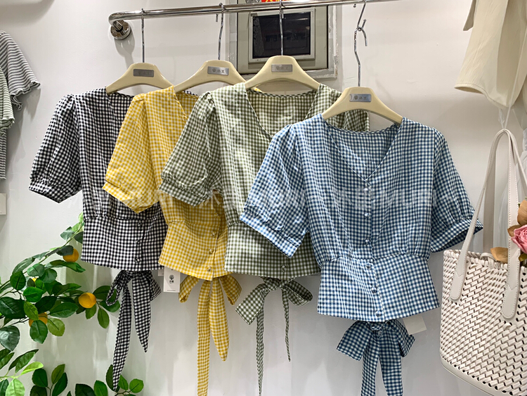 [Muri] Korean version small fresh lattice versatile thin top short style exposed back strap V-neck blouse 60679# HBx
