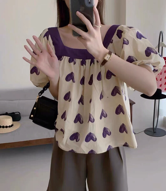 goods in stock! [Guwan] Korean love bubble sleeve square neck short shirt 5587# zxx