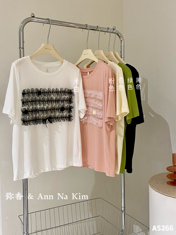 New in early summer! [Mi Xiang] lace embellishment loose and versatile short sleeved T-shirt (T-shirt only) 5266# hjy