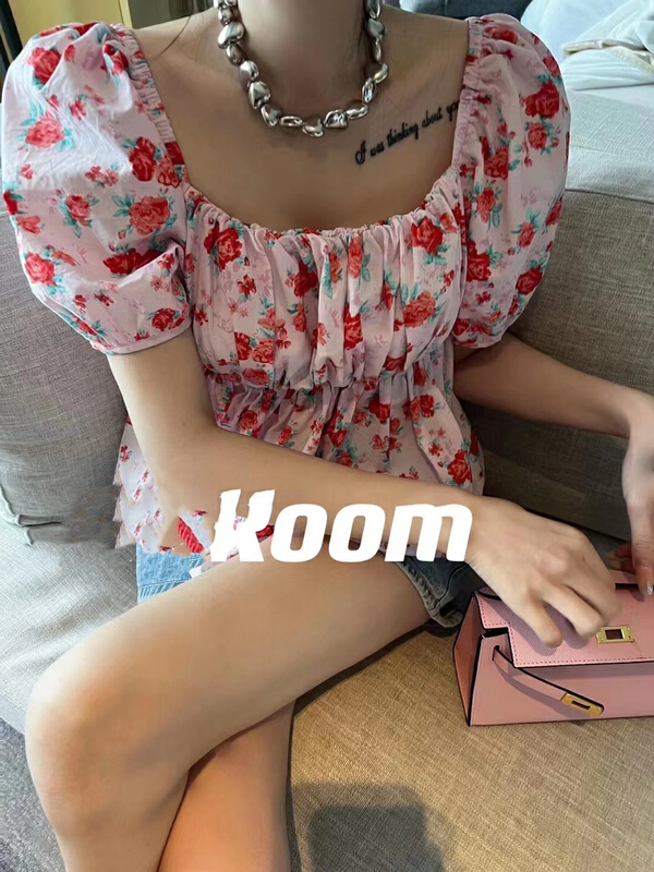 [MI] Vintage flower waist closing bubble sleeve blouse 9093# PCZ