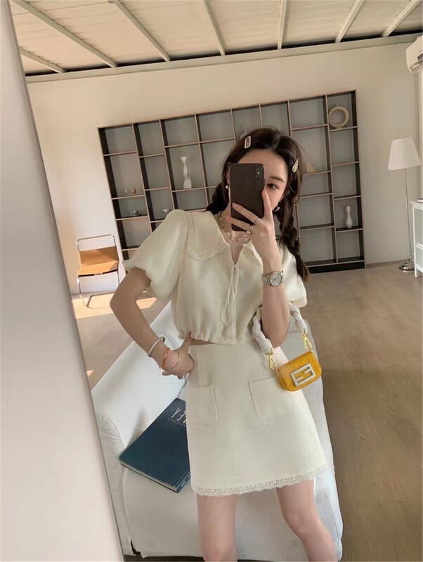 [Linna] Korean style baby neck temperament shirt + lace skirt suit 124617# zxx