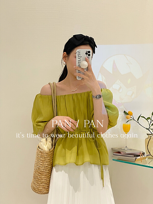 New in early summer! [Panpan] off shoulder versatile pleated blouse (with waist rope) 8329# cqw
