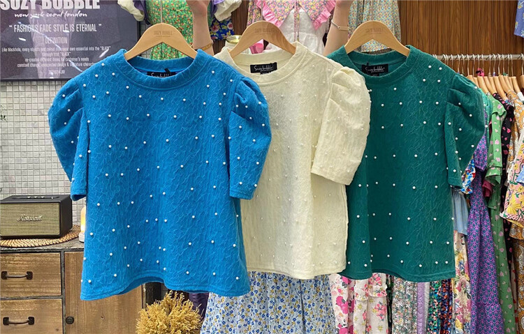 [N21] French Style Bubble Sleeve nail bead design blouse ys1-1001# WPL