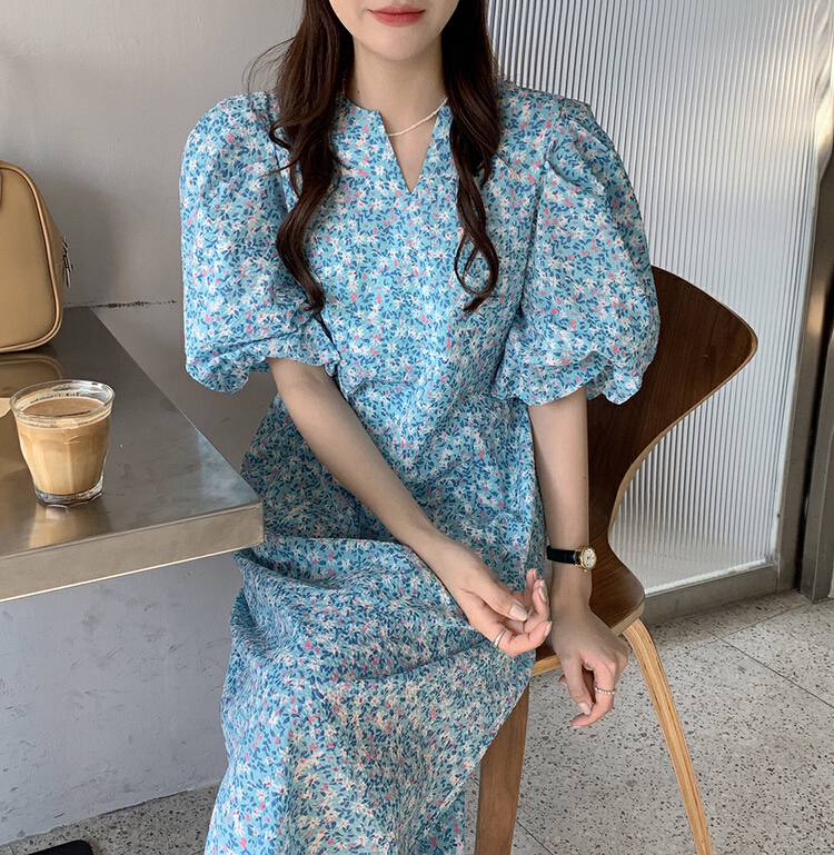 New in early summer! [dolly] fresh little floral bubble sleeve dress 3338# LSW