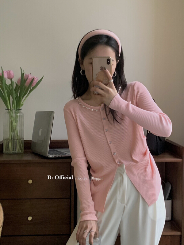 [B plus] pearl collar ice cream color linen knitted cardigan 22-939-2# HBx