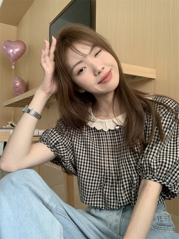New in early summer! [by] Vintage Lace round neck back button Plaid loose short sleeve blouse 3139# Cl