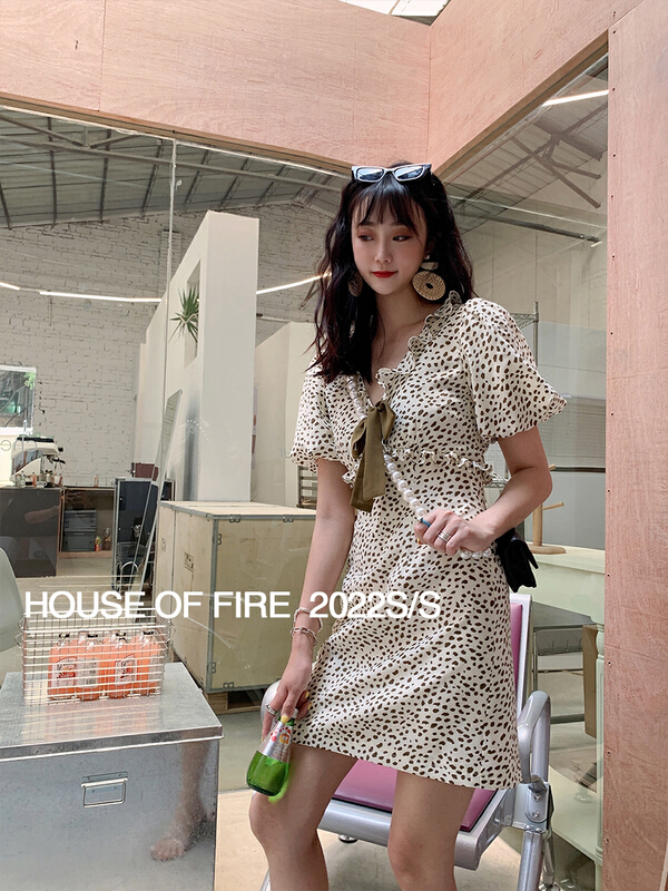 goods in stock! New in early summer! [huohuohuo huodres] Korean Leopard Contrast bow dress j21291# ozq