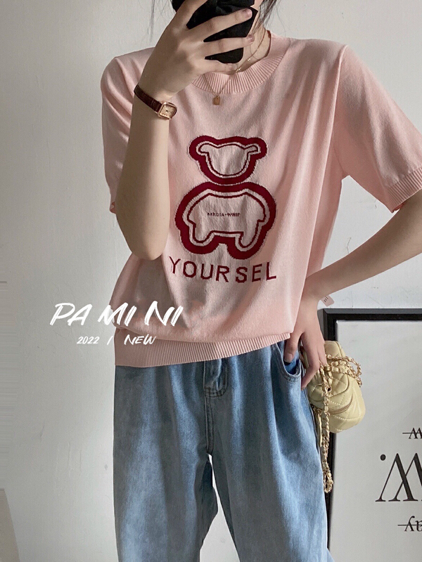 New in early summer! [pamini] Korean bear embroidery short sleeved sweater 2298# HJC