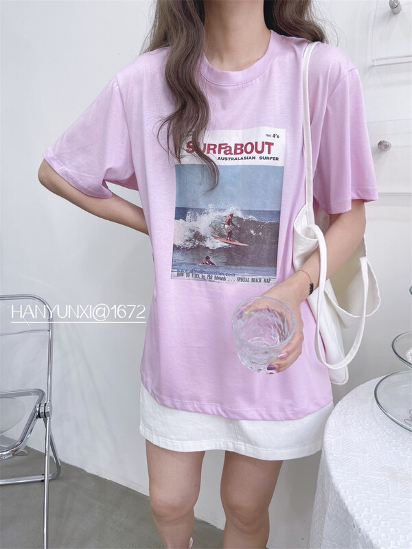 [Han Yunxi] Hong Kong Style loose seaside design Short Sleeve T-shirt 1672# CLS