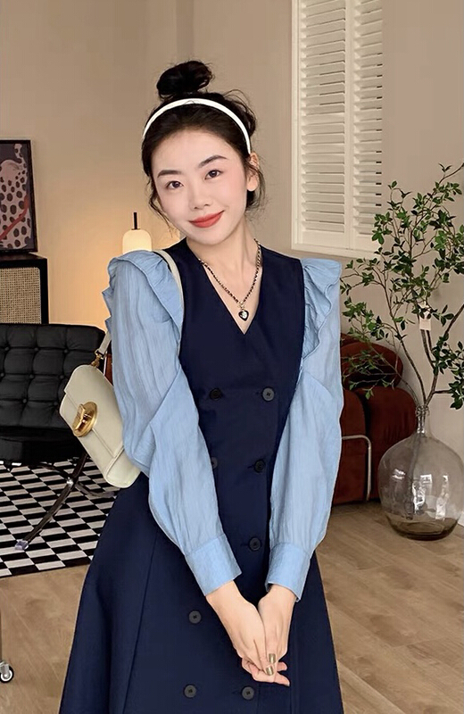 goods in stock! New year in early spring! [smile baby] Vintage V-neck Ruffle fake two slim dresses b2616# WPL