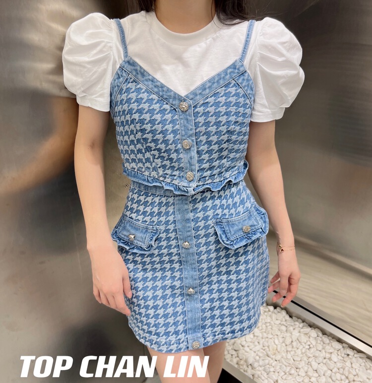 [top Chan Lin] Korean solid color bubble sleeve short sleeve T-shirt 95153-1# cqw