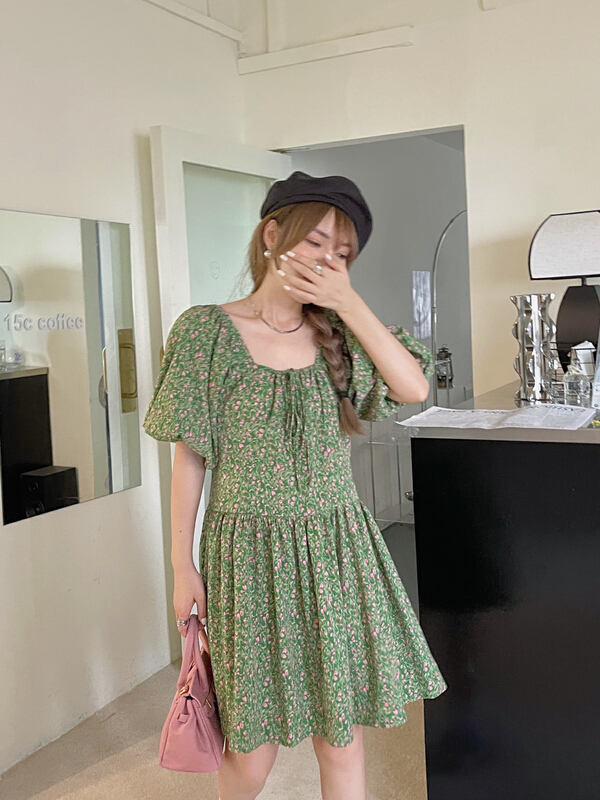 [YJ. Simple] Korean style large bubble sleeve floral dress 3045# ozq