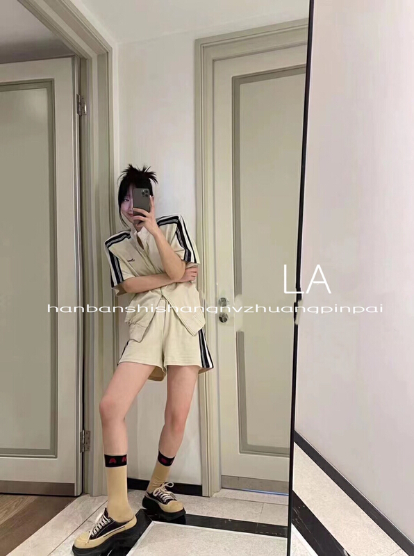 [laqssy] letter embroidered short sleeved T-shirt + loose comfortable casual pants set 9003# zyh