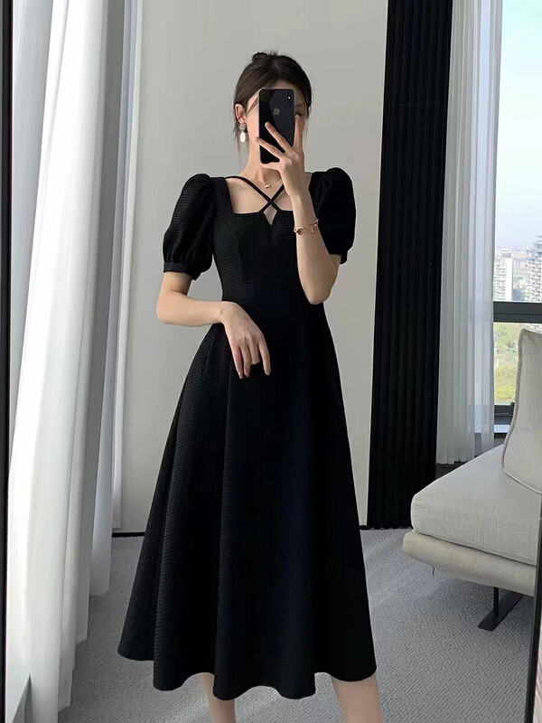 [S. small age] design sense bubble sleeve dress 6672# hjy