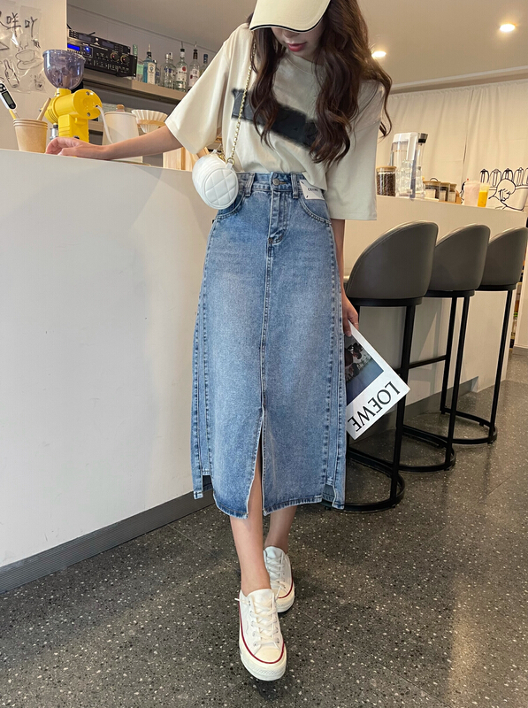 New in early summer! [en Xi'er] irregular front split, thin and versatile denim skirt k1205# L
