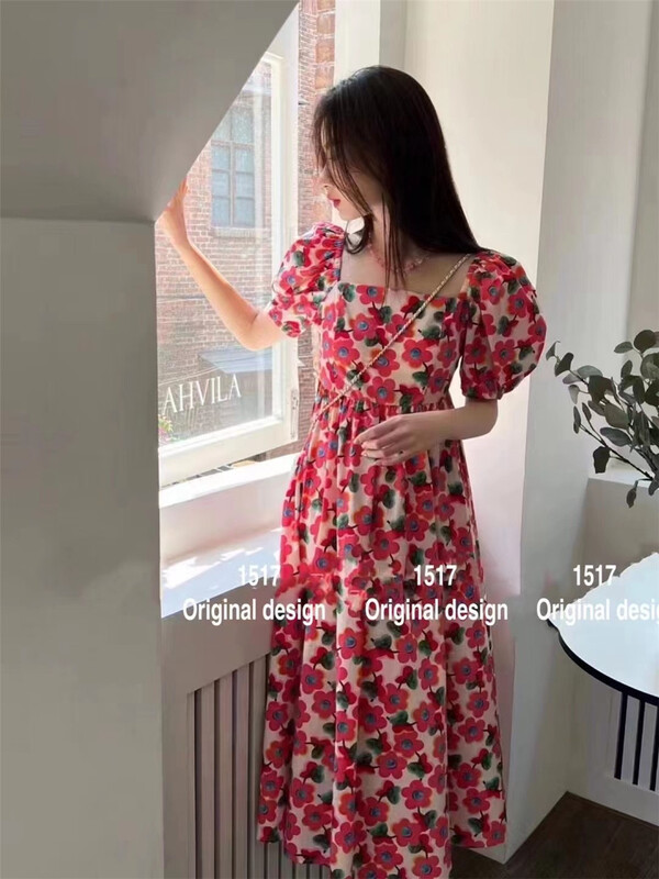 [1517] bubble sleeve floral lady dress l975-1# L