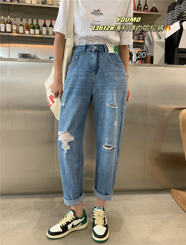 [Youmo] bear sticker design pierced jeans 13612# LSL