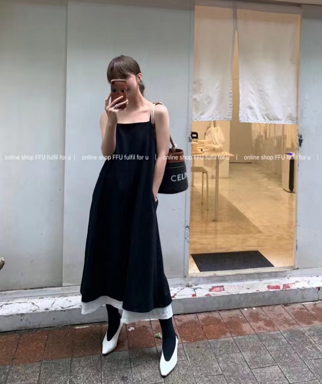 [Zada] double layer stitching simple texture loose suspender dress 3200# WTT