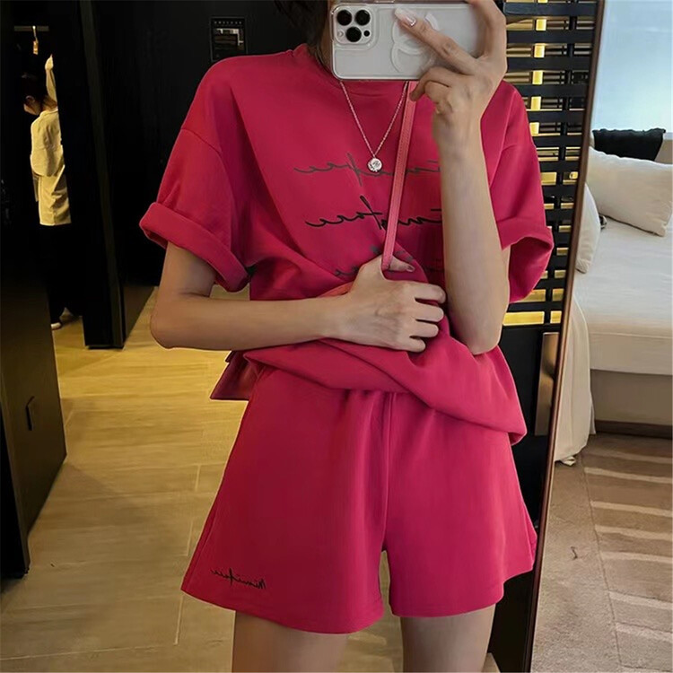 goods in stock! New in early summer! [MS studio] crew neck lettered print large short sleeve + simple net color casual Shorts Set 09093# PCZ