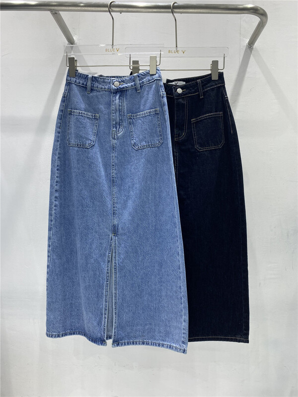 New year in early spring! [blue] Korean high waist double pocket split medium length denim skirt 1977# hjy
