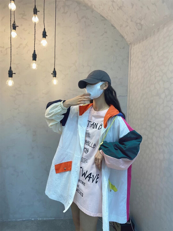 [hongniuniu] multicolor stitched zipper hooded sunscreen jacket 9579# XYY