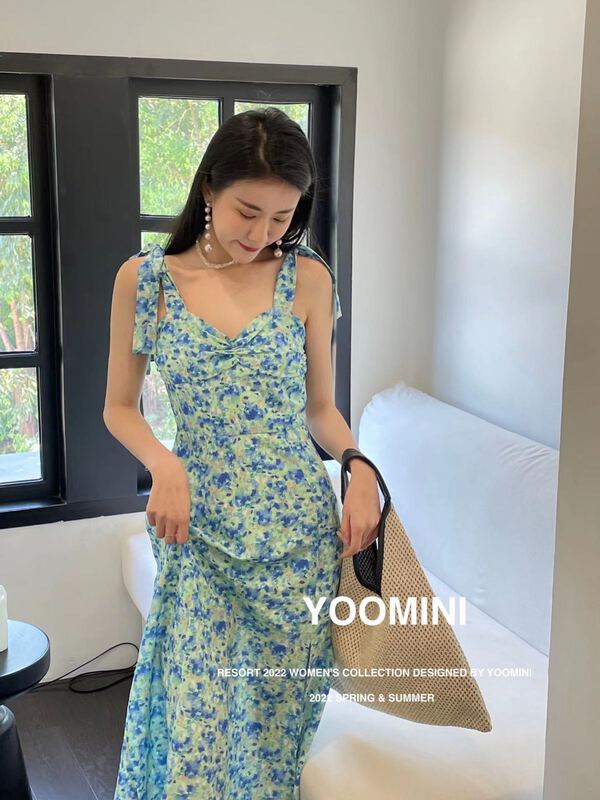 New in early summer! [yoomini] lady temperament broken flower medium length suspender dress x12745# WPL