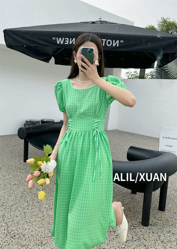 [alixuan] Plaid pleated short sleeved dress l033# zxx