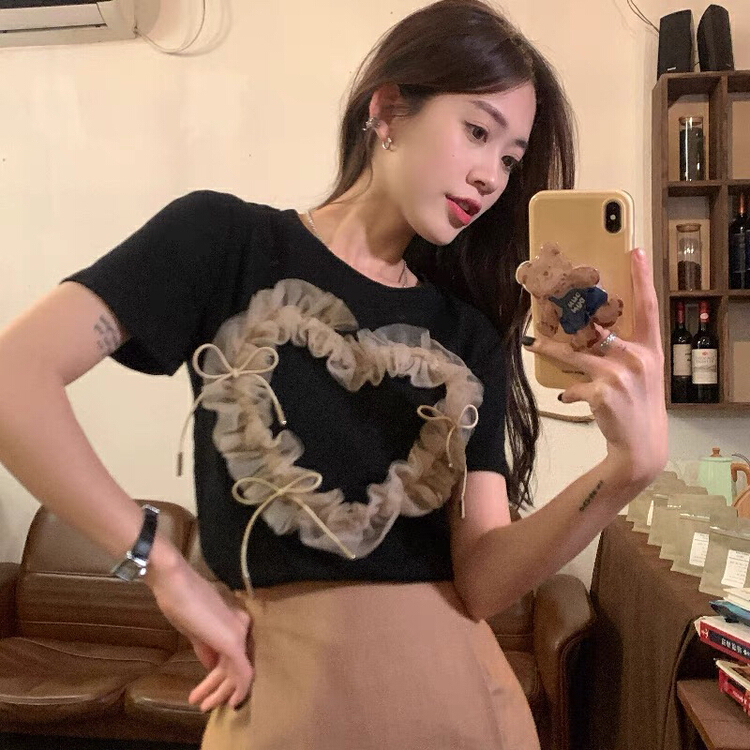 [Nancy] design sense of minority love mesh splicing short sleeve T-shirt 00093# WPL