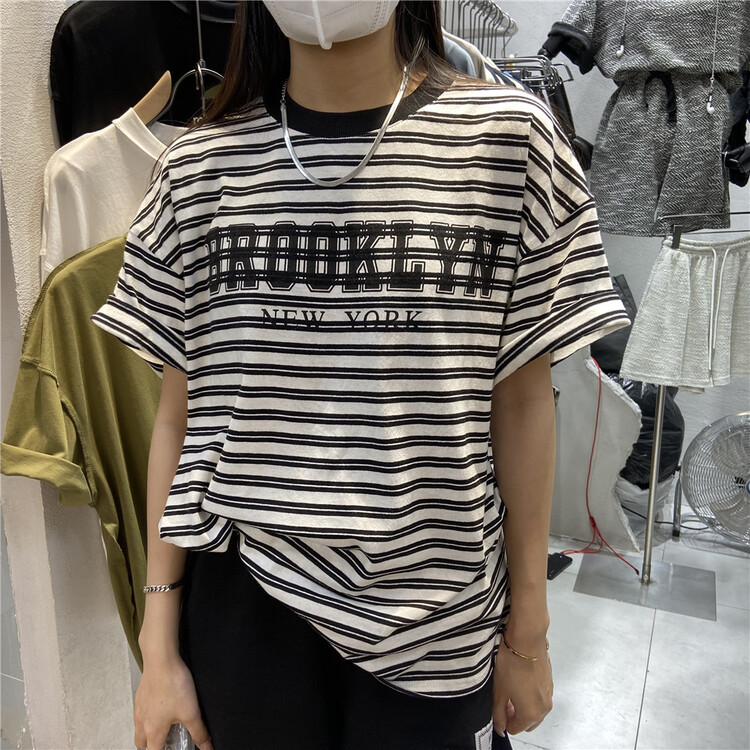 [TNT continue] Korean letter stripe loose short sleeve T-shirt 293# L