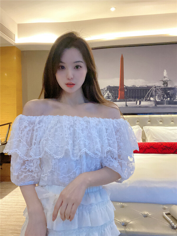 [chuanmujingzi] sweet lady temperament one shoulder lace stitched blouse 3520# WPL