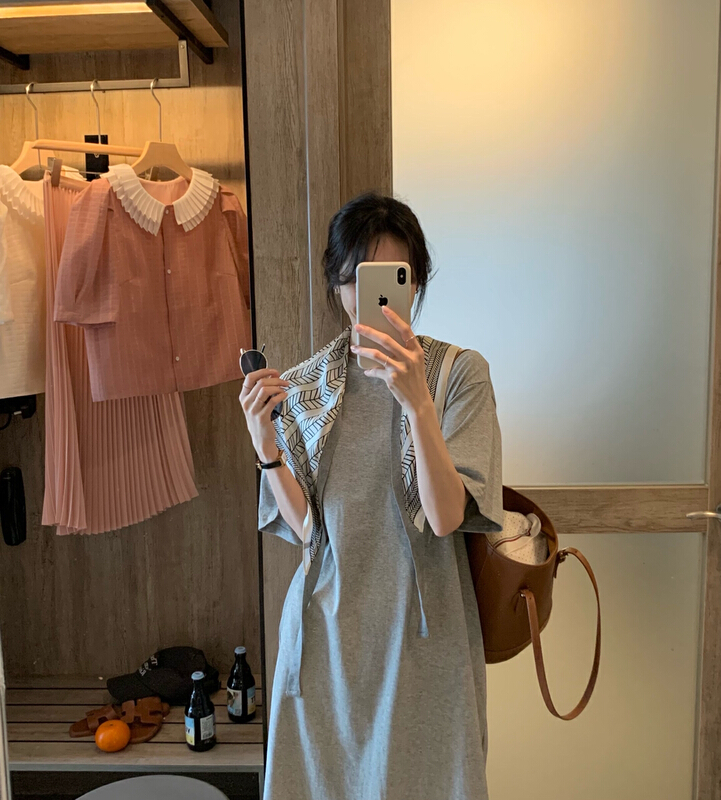 New in early summer! [Dai Dai] round neck solid medium length dress (with silk scarf) 4615# HBx