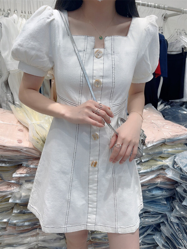 [top Chan Lin] Korean style square neck bubble sleeve denim dress 59113# cqw
