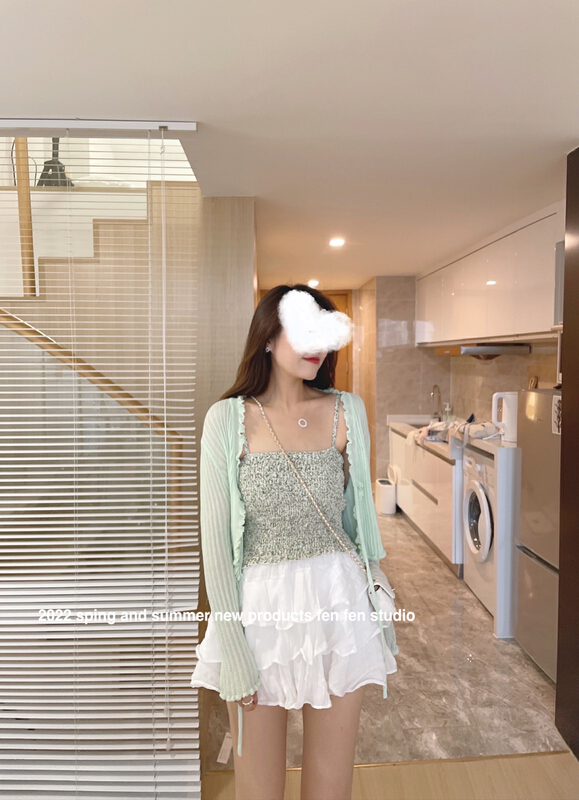 [fne fne] floral sweet suspender Vest + lace up simple sunscreen shirt set 713# WPL