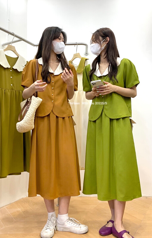 [thirteen 13] Korean short coat with contrast color edge + slim skirt two-piece suit 5150# XYY