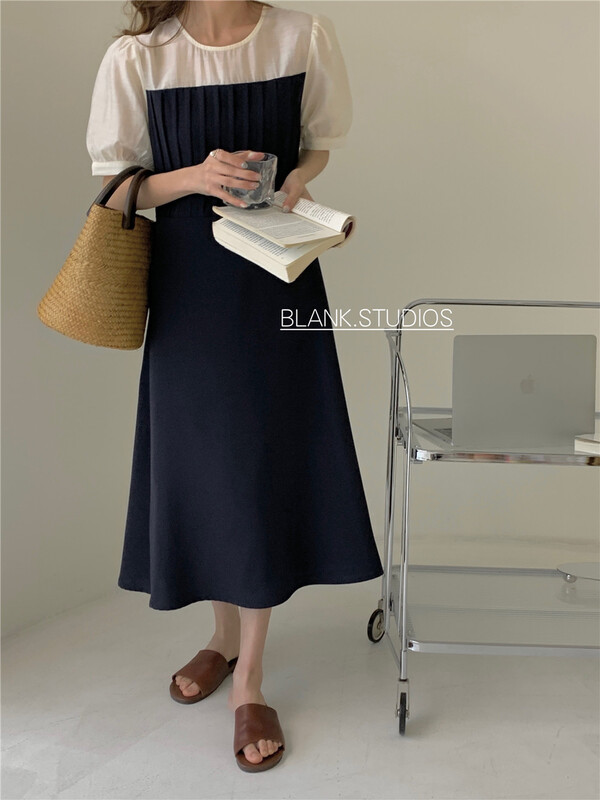 [blank] Korean fashion round neck contrast waist closing dress 512351# WPL
