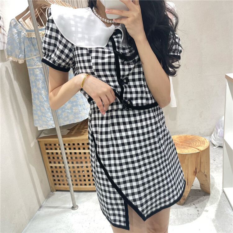 [NC Editio n (new color] baby collar Plaid blouse + Split skirt set z2520# zxx