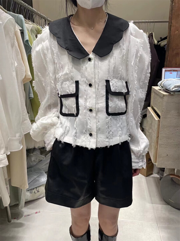 New year in early spring! [dream fly] lace collar and woolen contrast small shirt 61177# XJ