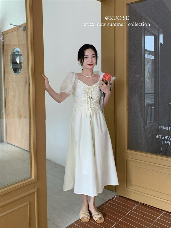 [kuose kuoser] slim waist with lace up bubble sleeve dress 92036# WPL