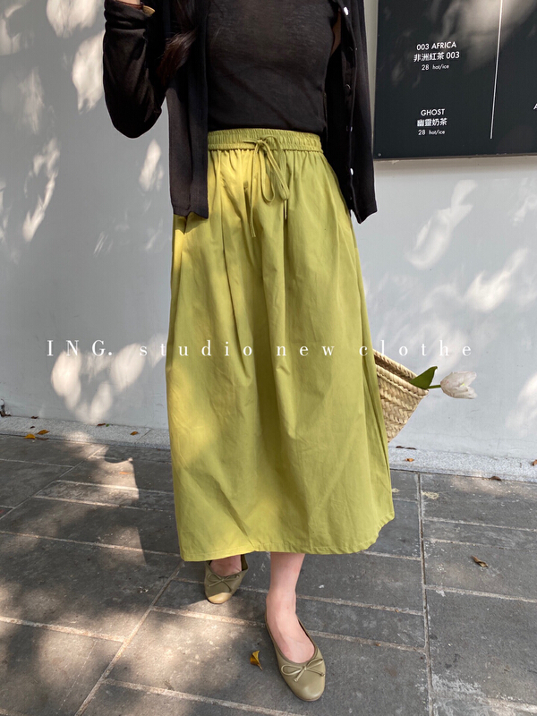 [ing] simple and versatile elastic waist drawstring lace up skirt 7737# HBx