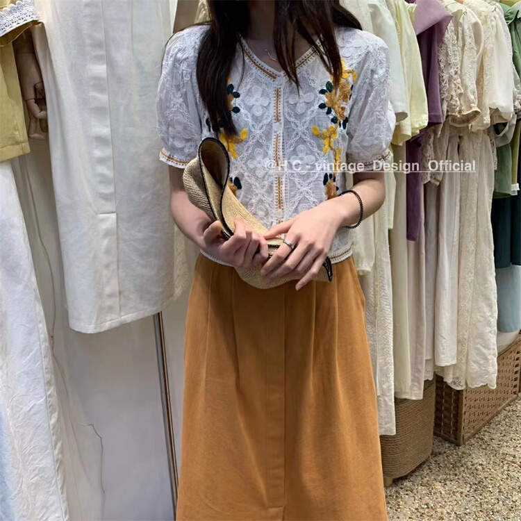 [hc-vintage] Korean embroidered color matching shirt 2111# L