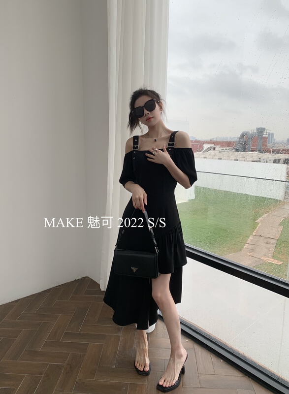 [make Meike] sweet cool wide suspender inclined hem dress 8781# XJ