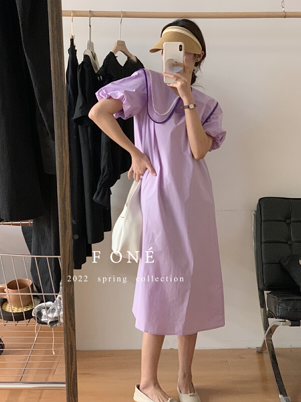[f one] Korean color contrast irregular doll neck loose dress (with waist rope) 66111# WPL