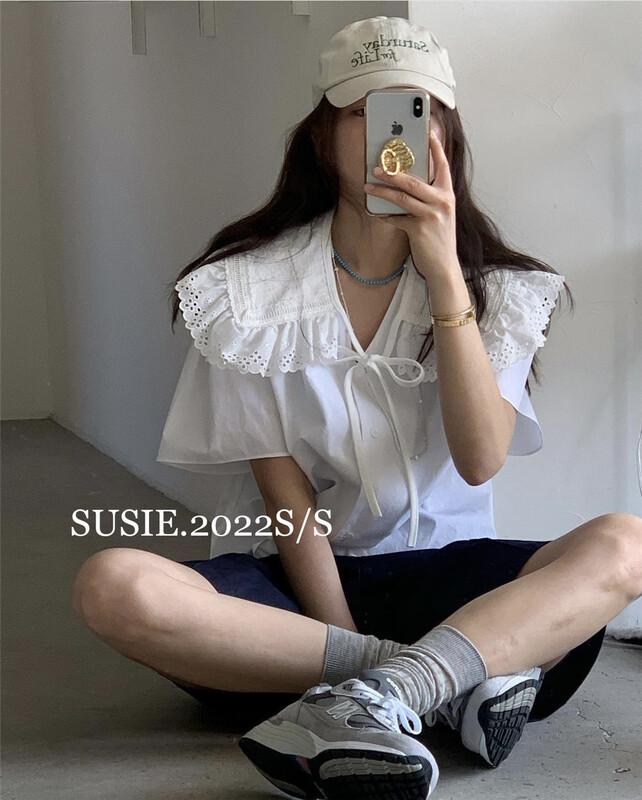 [Susie] Korean style large lapel age reducing short shirt 8691# zjy