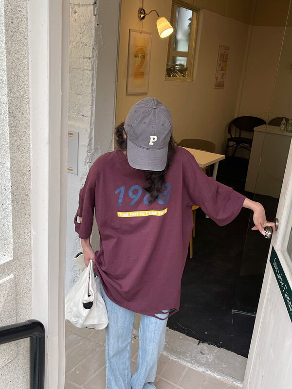 [misu misu] street style personalized washing hole breaking loose short sleeve T-shirt 2241# ll