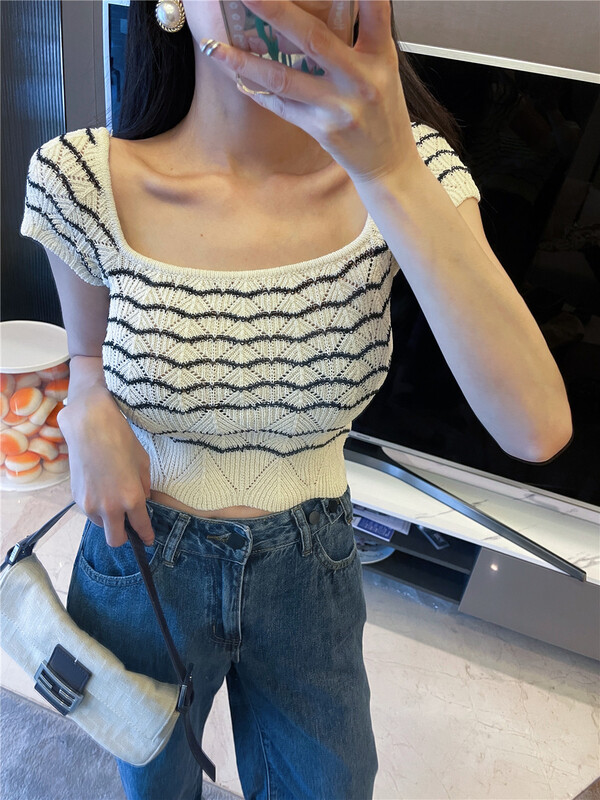 [angelyue] striped Korean aging T-shirt (excluding necklace) 0298# LSL