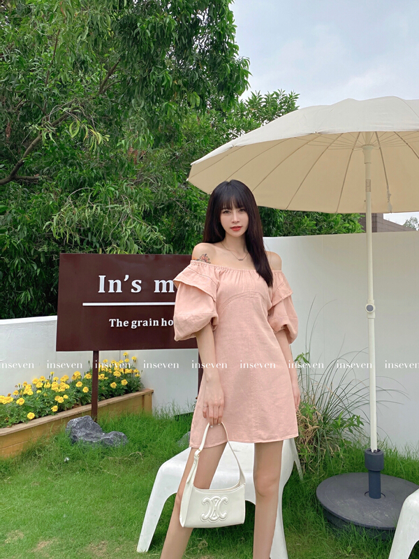 New in early summer! [inseven] French one line shoulder lotus leaf sleeve dress 26360# ozq