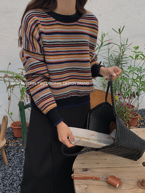 Early winter NEW! [TW2] French Vintage color striped Pullover Sweater sweater 8817# HBx